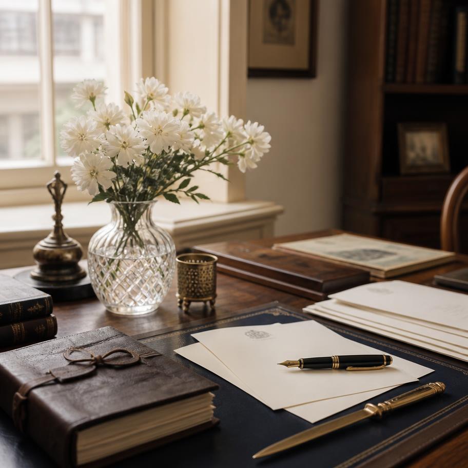 A writing desk with fountain pen, cream stationery and a leather journal