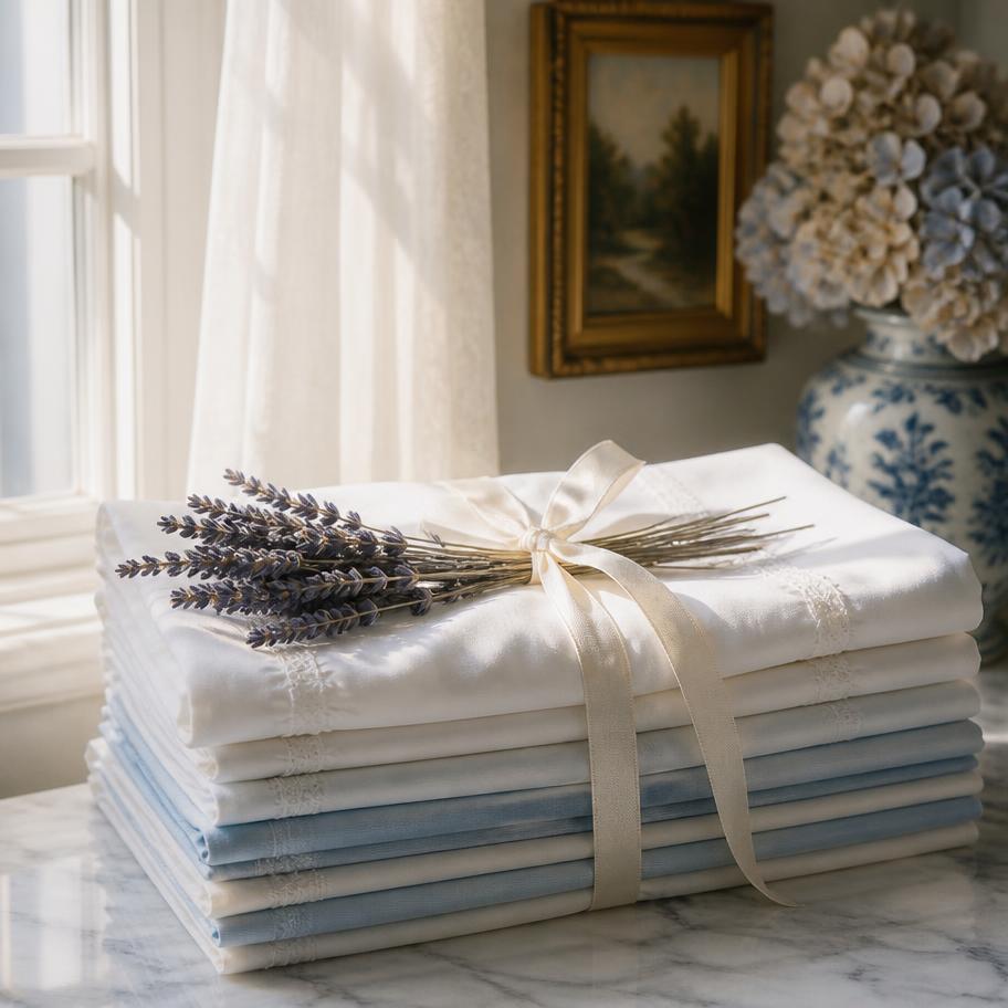 Freshly pressed linens tied with ribbon beside a sunlit window