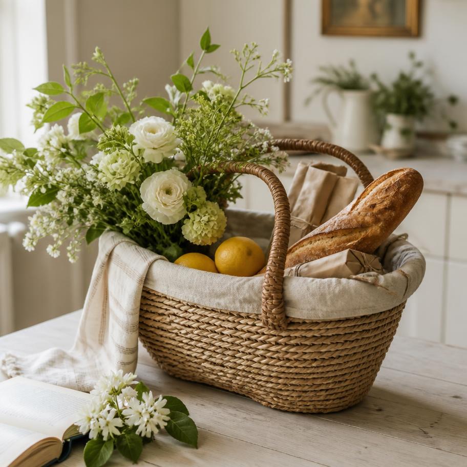 A linen-lined market basket of garden flowers, lemons and fresh bread