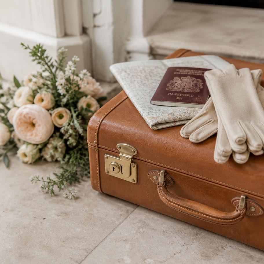A vintage leather suitcase with folded map, passport and gloves